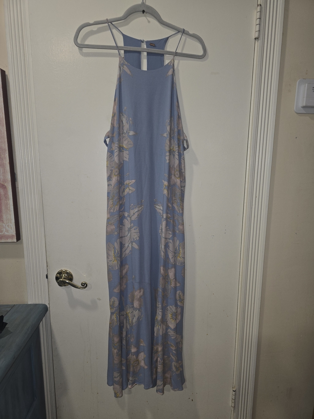 Free People Blue Maxi Dress with Open Sides Multicolor Woven Flower Design